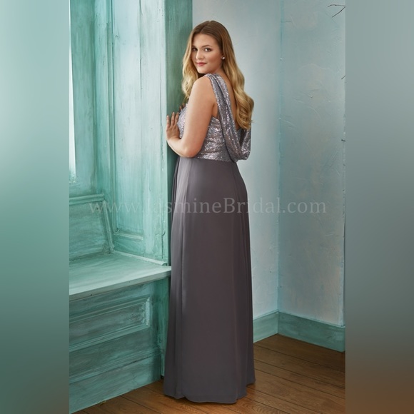 Long Sweetheart Neckline Sequin & Poly Chiffon Dress - Picture 14 of 14